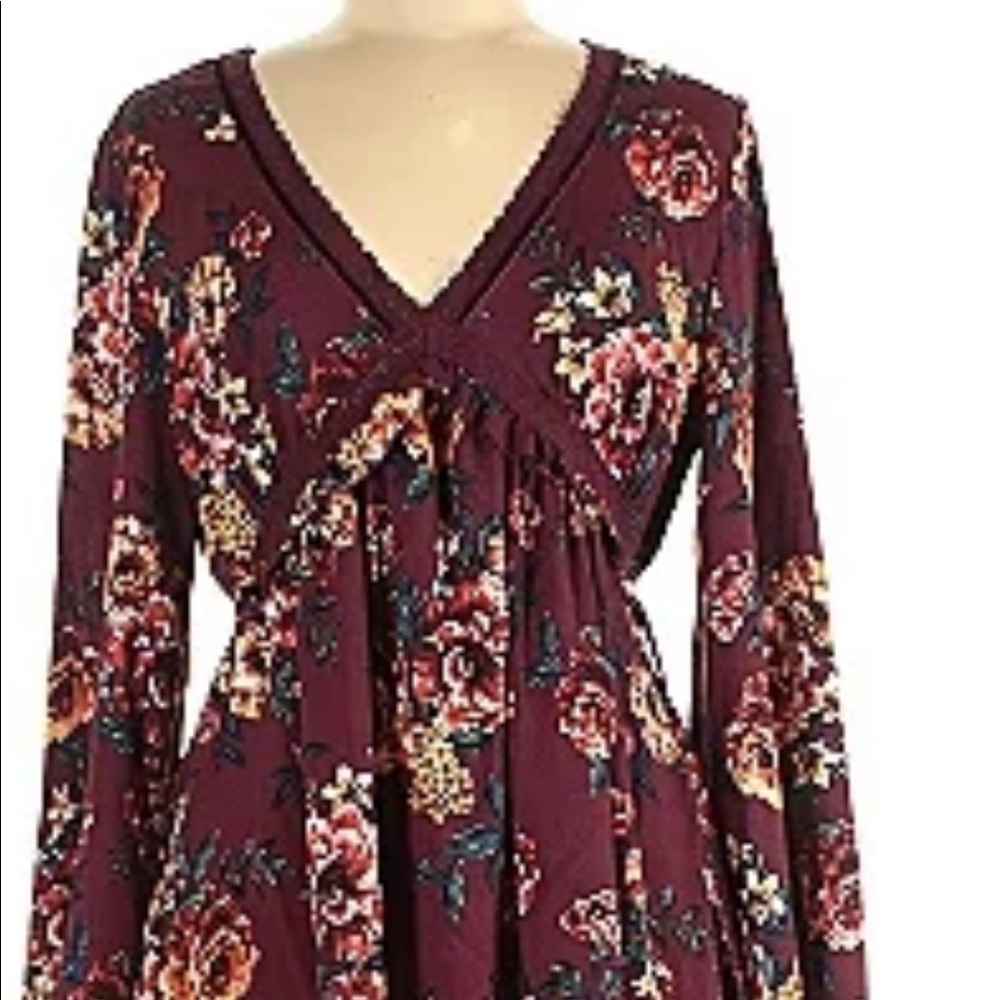 Burgundy deep v neck baby doll dress floral